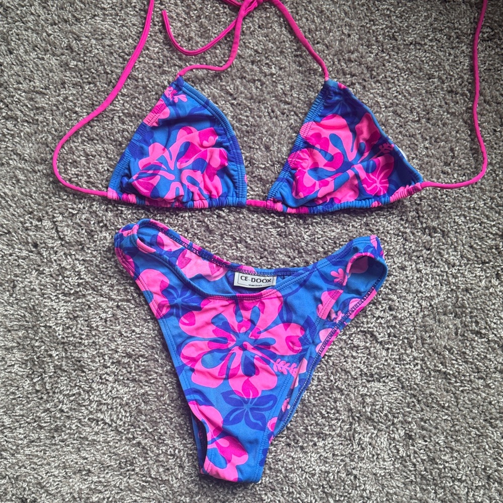 Blue and Pink Floral Bikini Set - Size L - NWOT